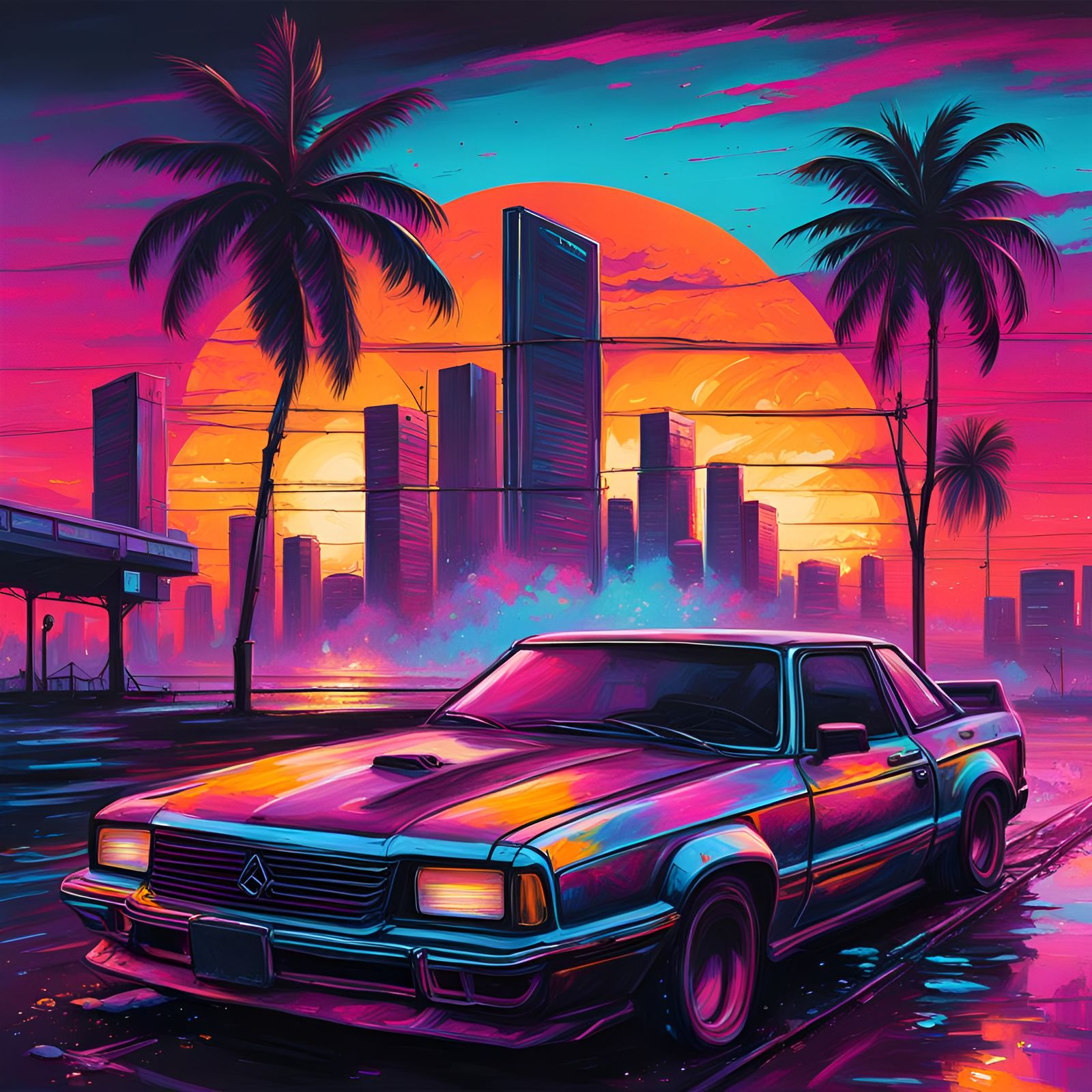 Synthwave Sunset in Graffiti Street Art Style