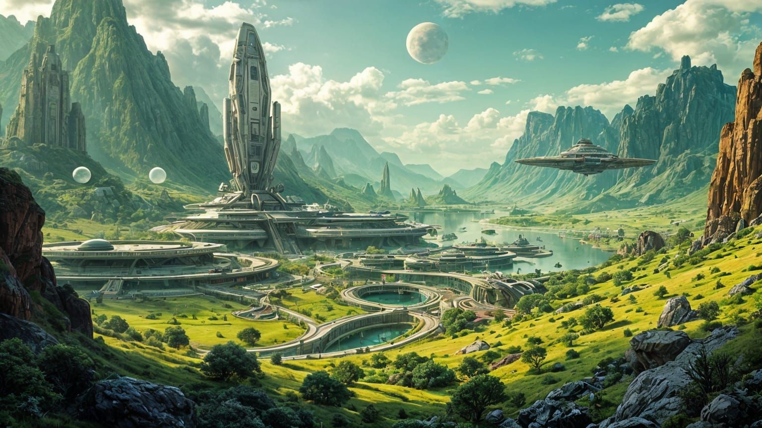 Emerald Planet Rebel Space Base in Futuristic Sci-Fi Scene