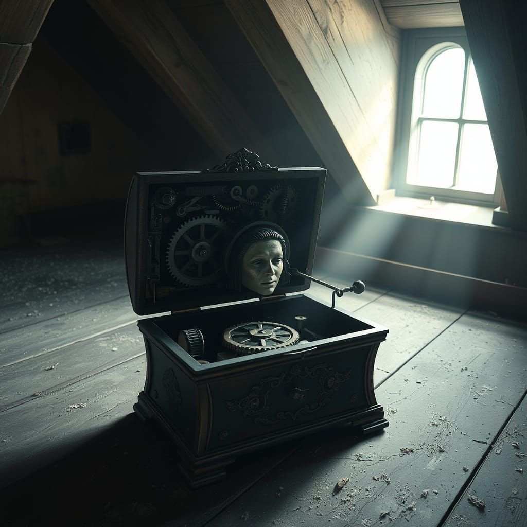 Antique Music Box with Carved Face on Dusty Attic Floor