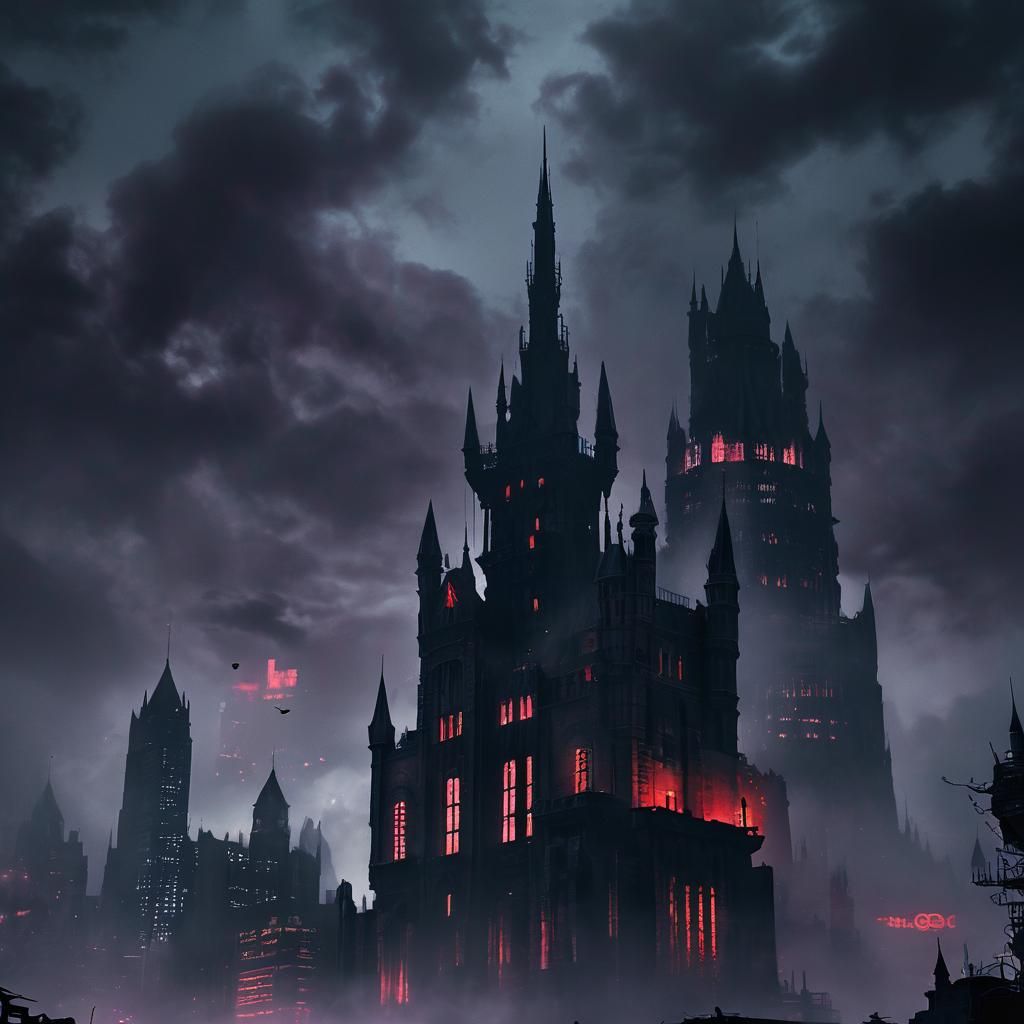 Cyberpunk Halloween Castle with Glowing Gargoyles