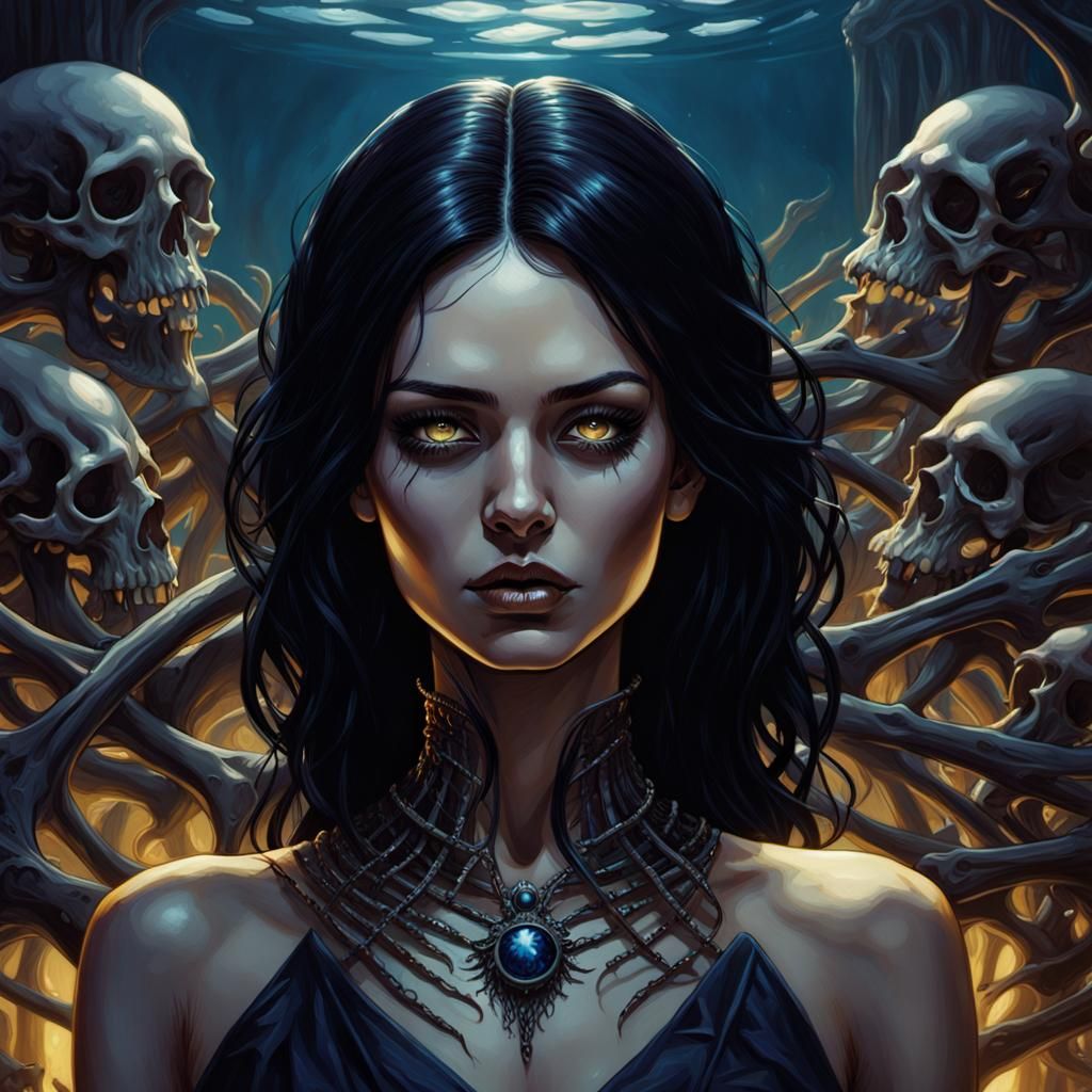 Dark Fantasy Woman in Bone Pool Illustration