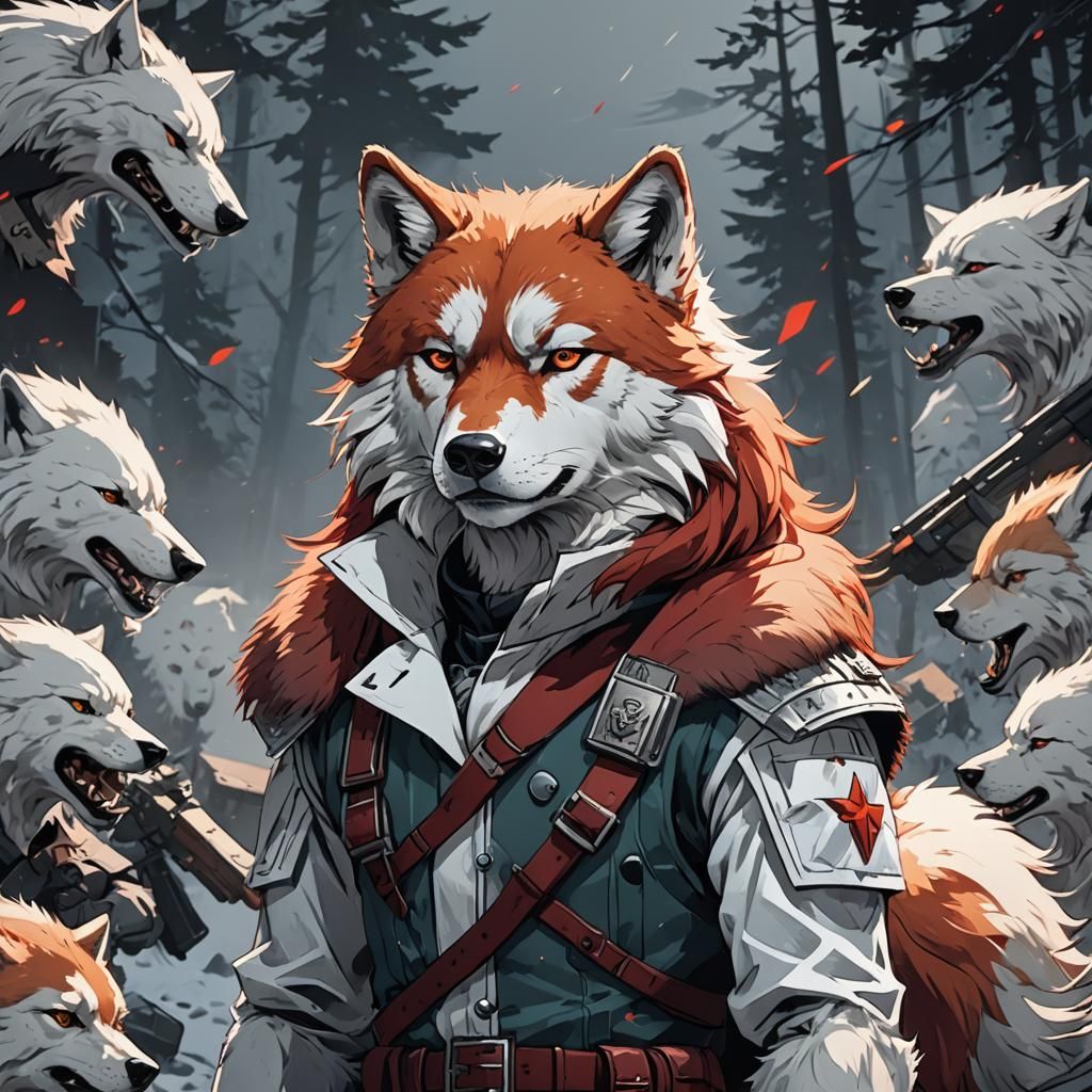 Anime Style Furry White Wolf in Soviet War