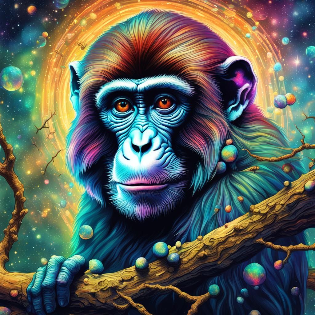 Monkey on Branch in Astral Illustration Style