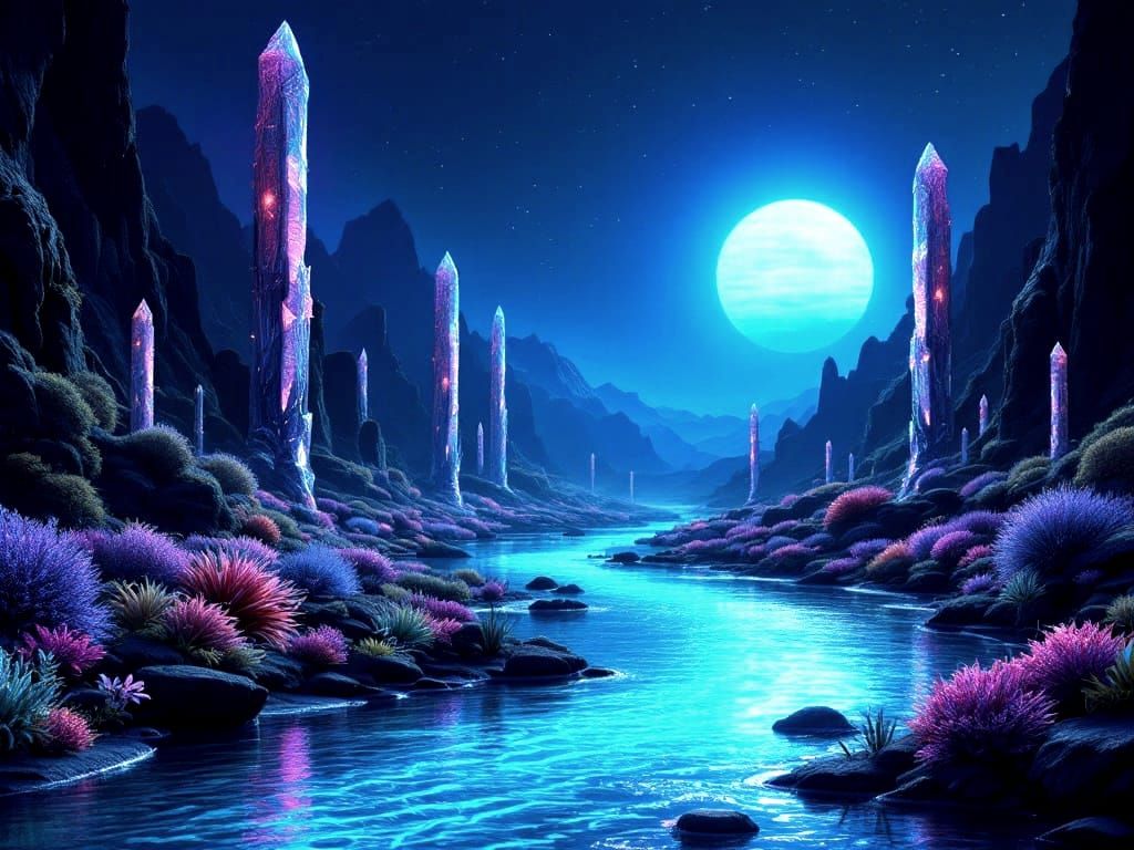 Alien Riverbank Landscape with Blue Sun