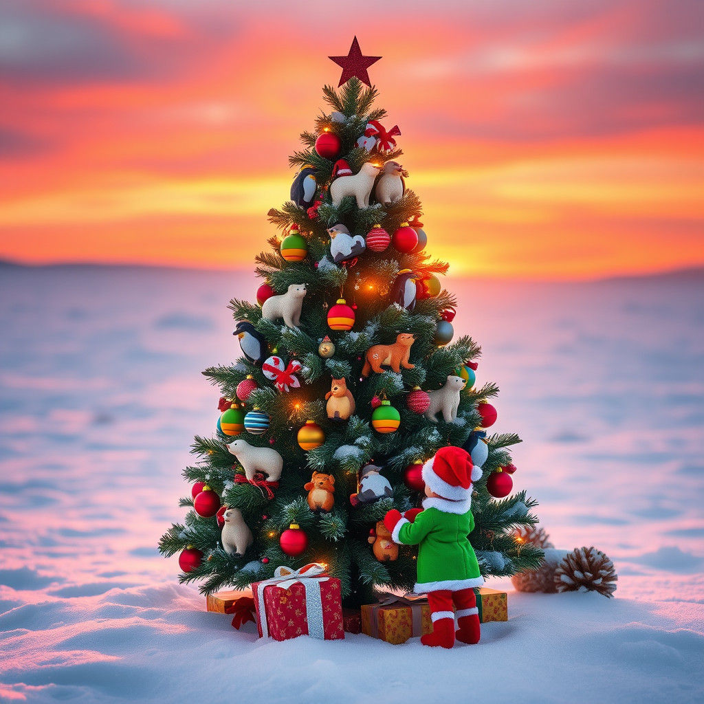 Animal-Themed Christmas Tree in Arctic Sunset Light
