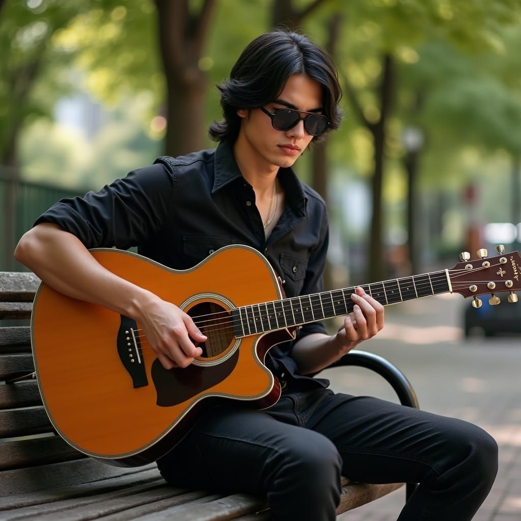 Man Plays Guitar in Park: Hyperrealistic Photography