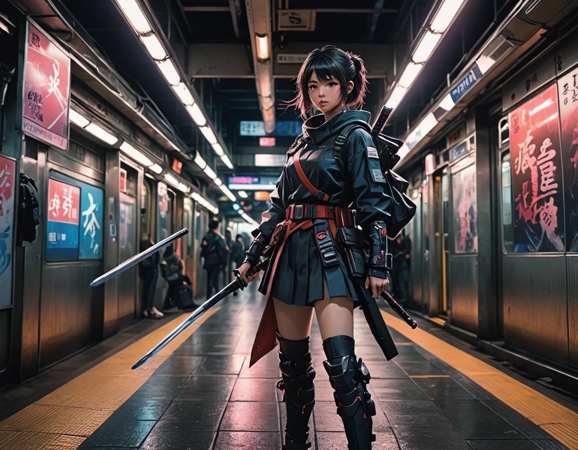 Neon Katana: Girl in Tokyo Subway, Cyberpunk Style