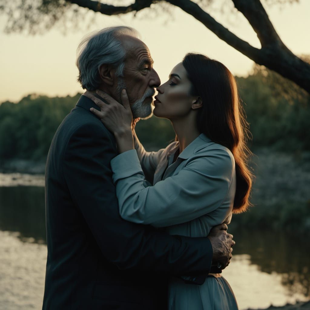 Elegant Old Man and Young Woman Embrace Under Golden Sunset