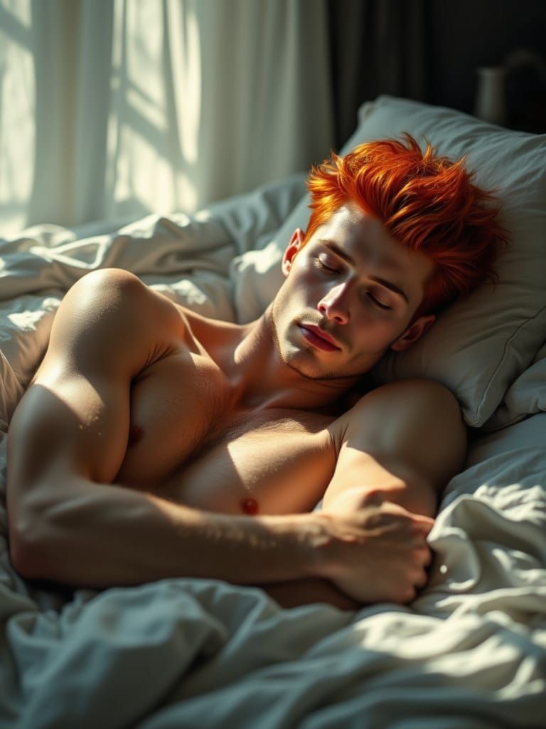 Handsome Red-Haired Man Sleeping Peacefully in Soft Morning ...