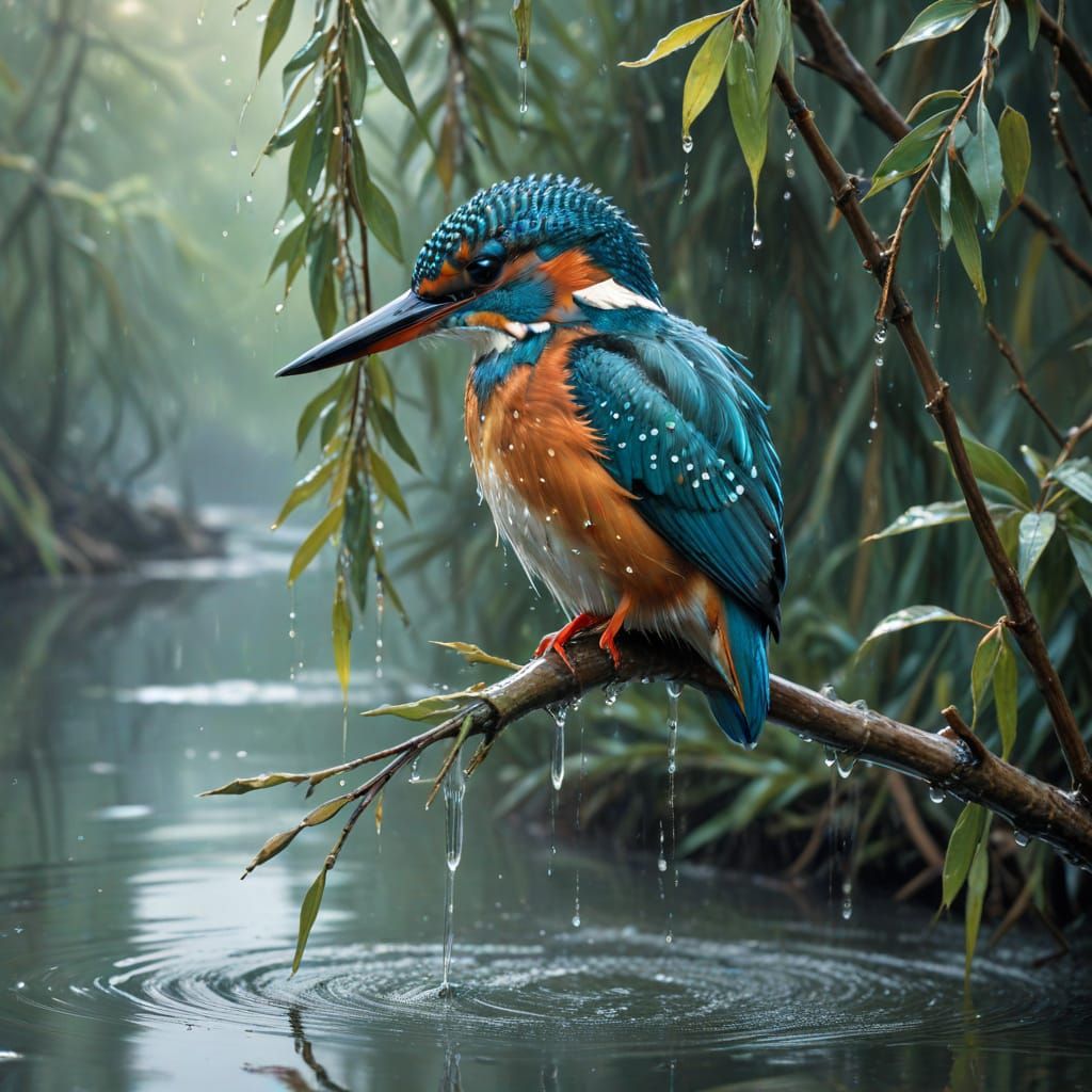 Dazzling Kingfisher on Misty Willow Limb at Dawn