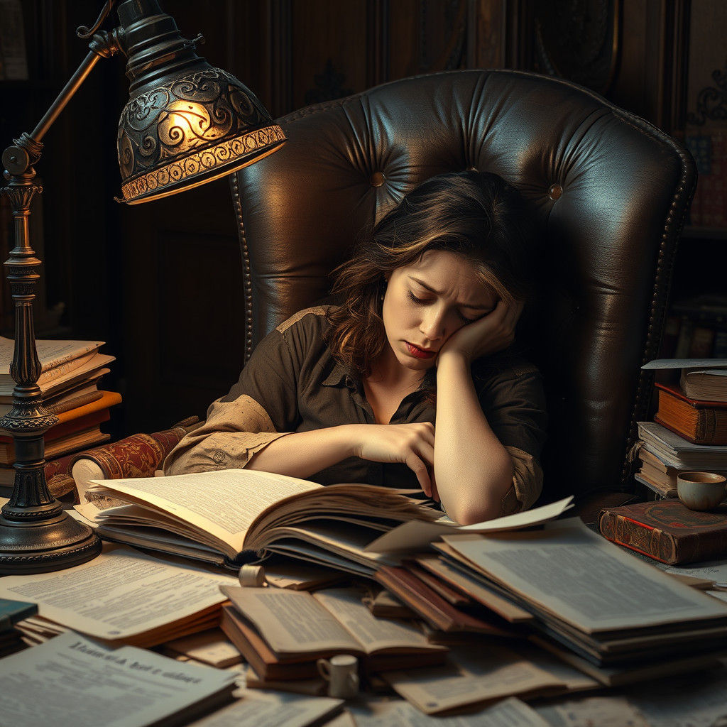 Exhausted Woman Surrounded by Research Notes