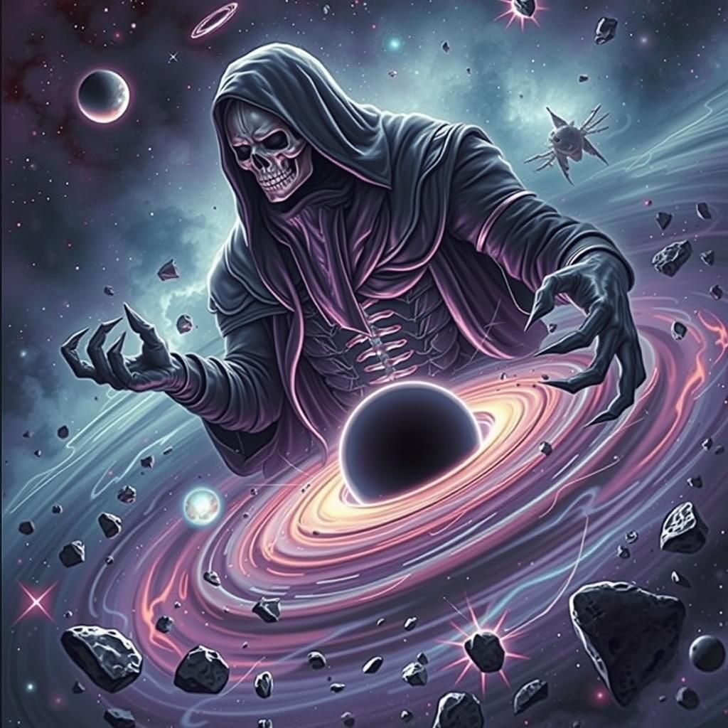 Hooded Cosmic Figure over Black Hole Galaxy