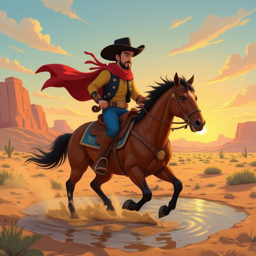 Lucky Luke Galloping Through Desert in Comic Style
