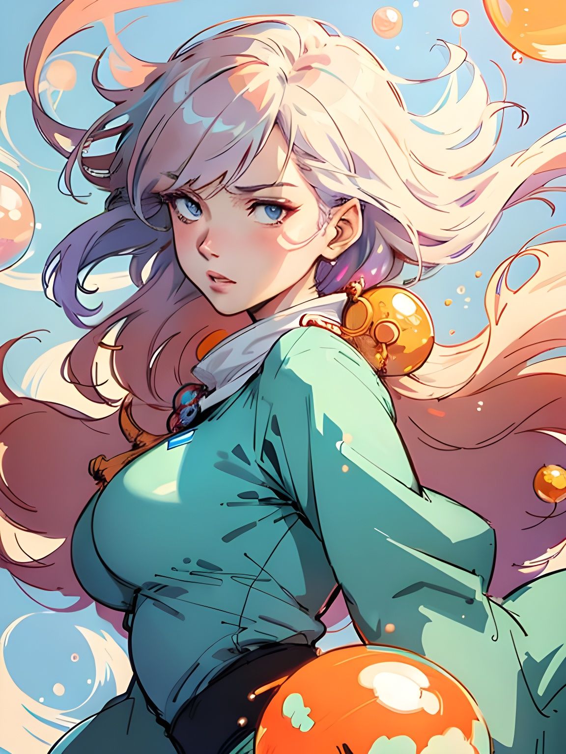 Anime Portrait of Woman Surrounded by Bubbles