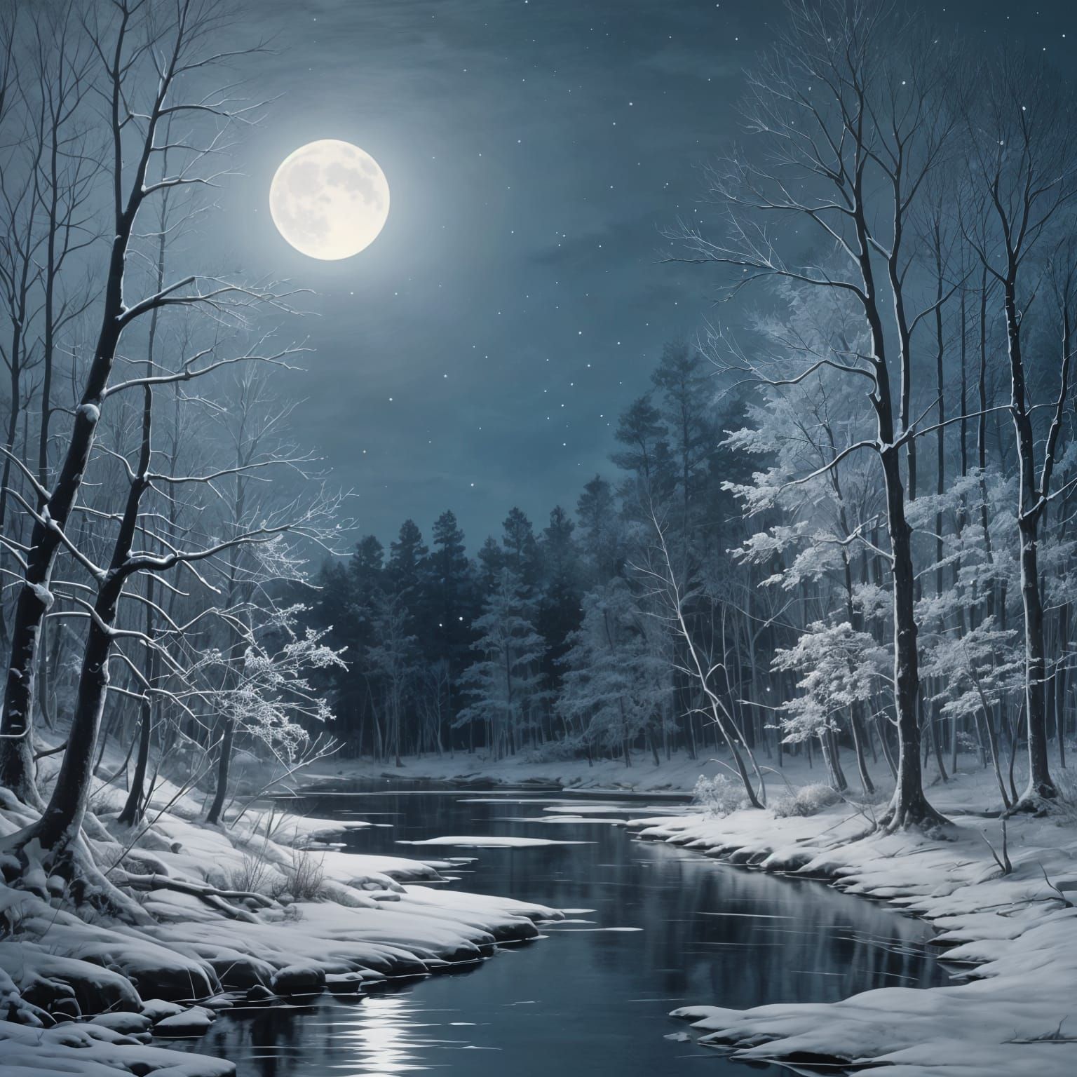 Moonlit Snowy River in Chalk Art Style