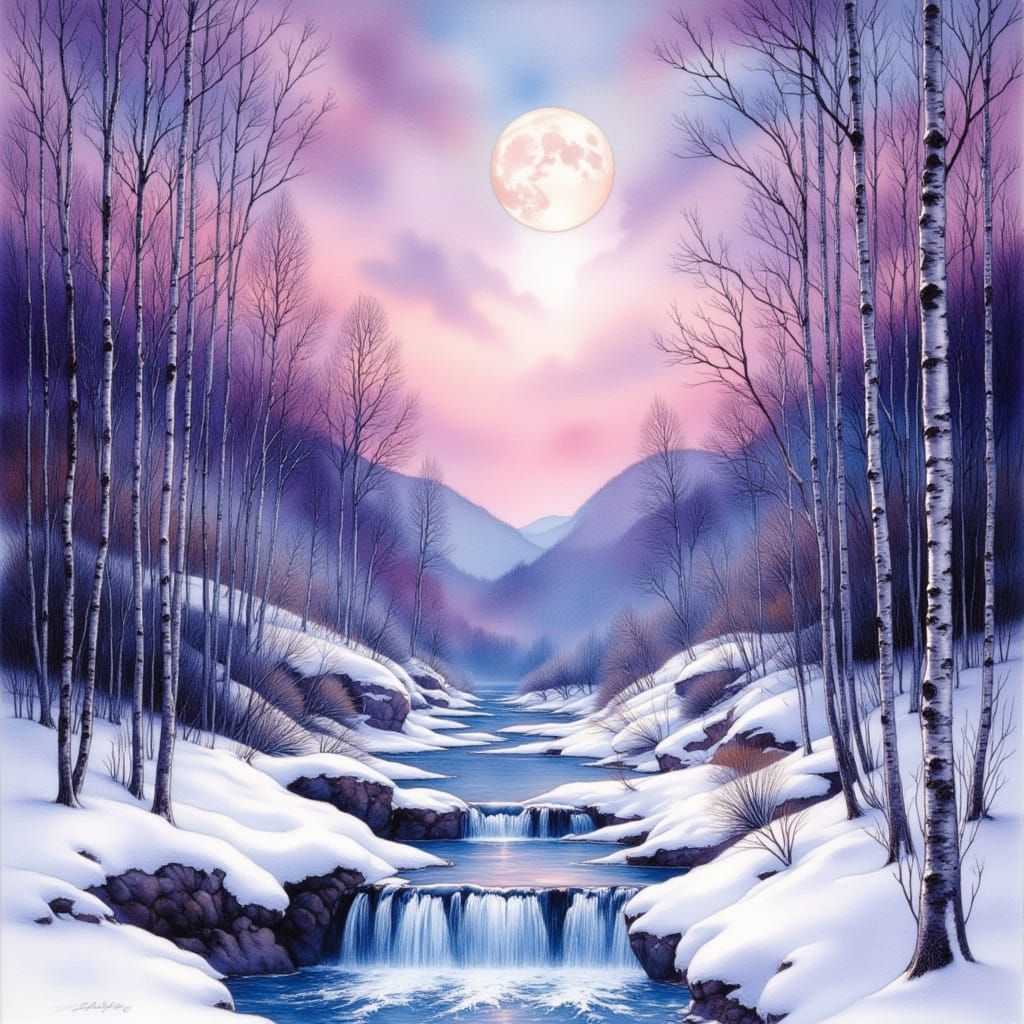 Enchanting Winter Landscape Under a Vibrant Moon