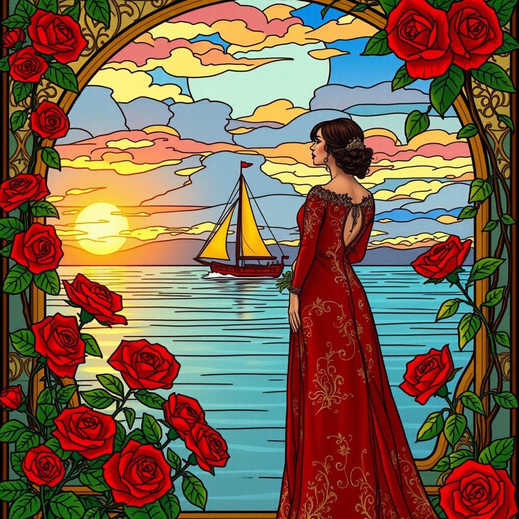 Woman in Red Embroidered Dress Watches Sailing Cutter Ship a...