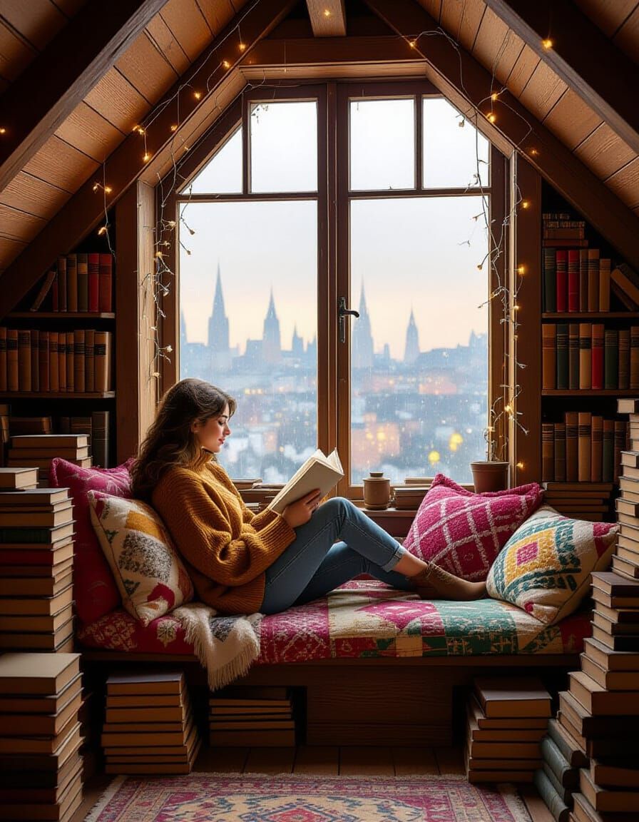 Cozy Attic Reading Nook with Rainy City View