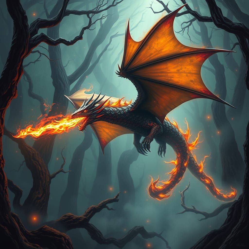 Fire Dragon Soaring Through Mystical Forest, Surreal Art