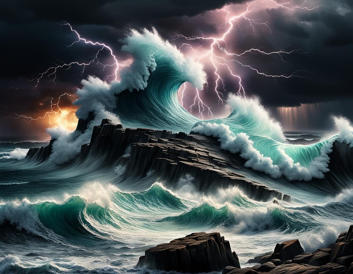 Apocalyptic Lightning Storm Over Ocean Waves