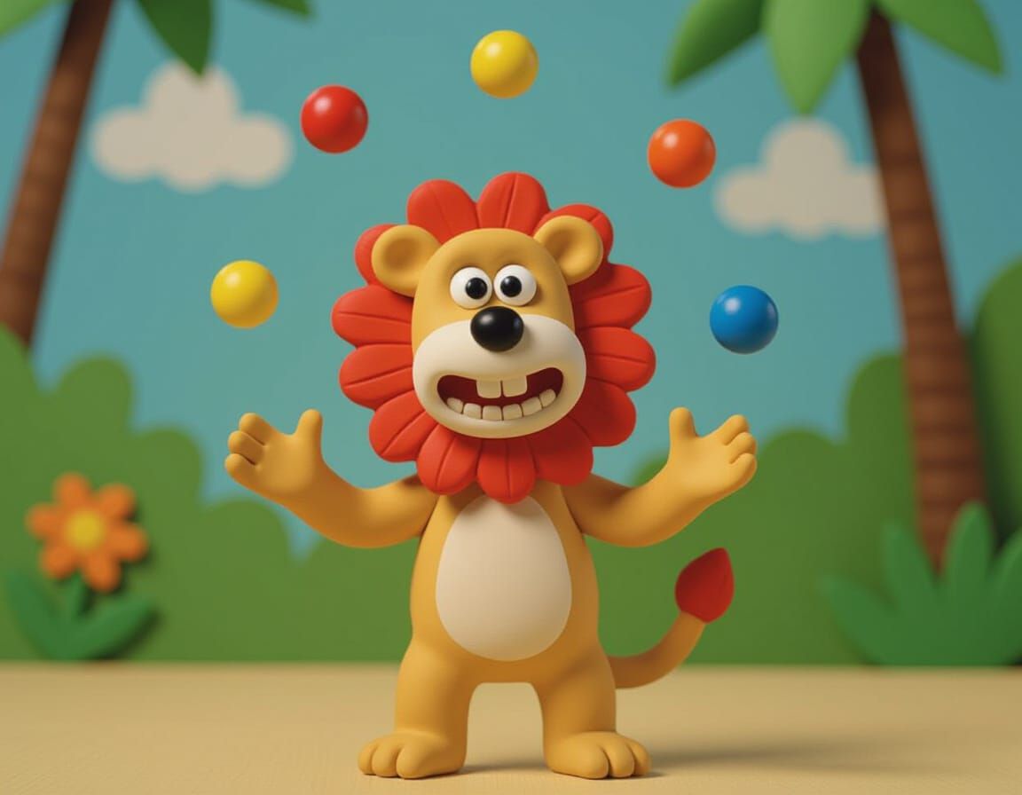Cute Claymation Lion Juggling Balls in Aardman Style