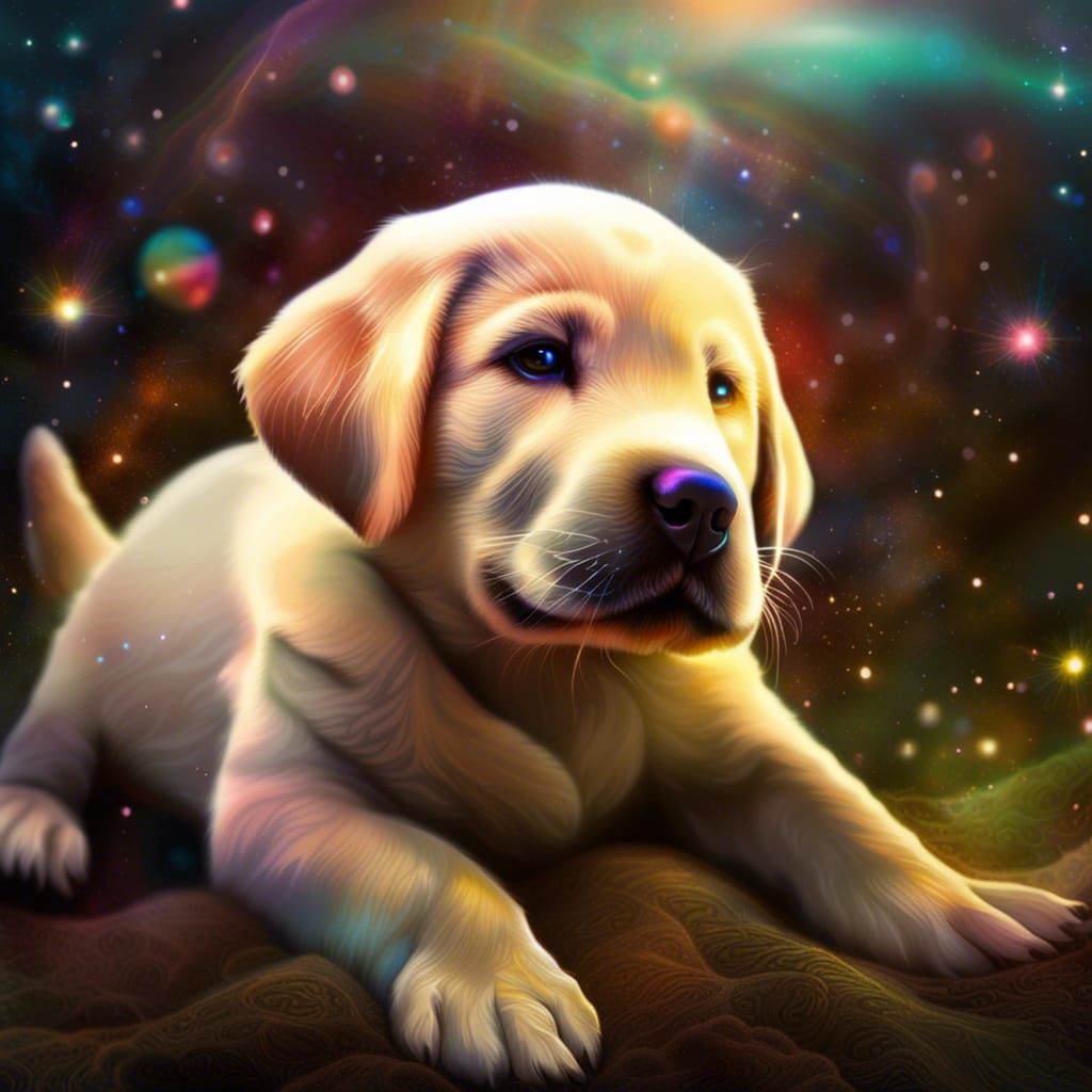 Labrador Puppies Play: Cosmic Astral Illustration