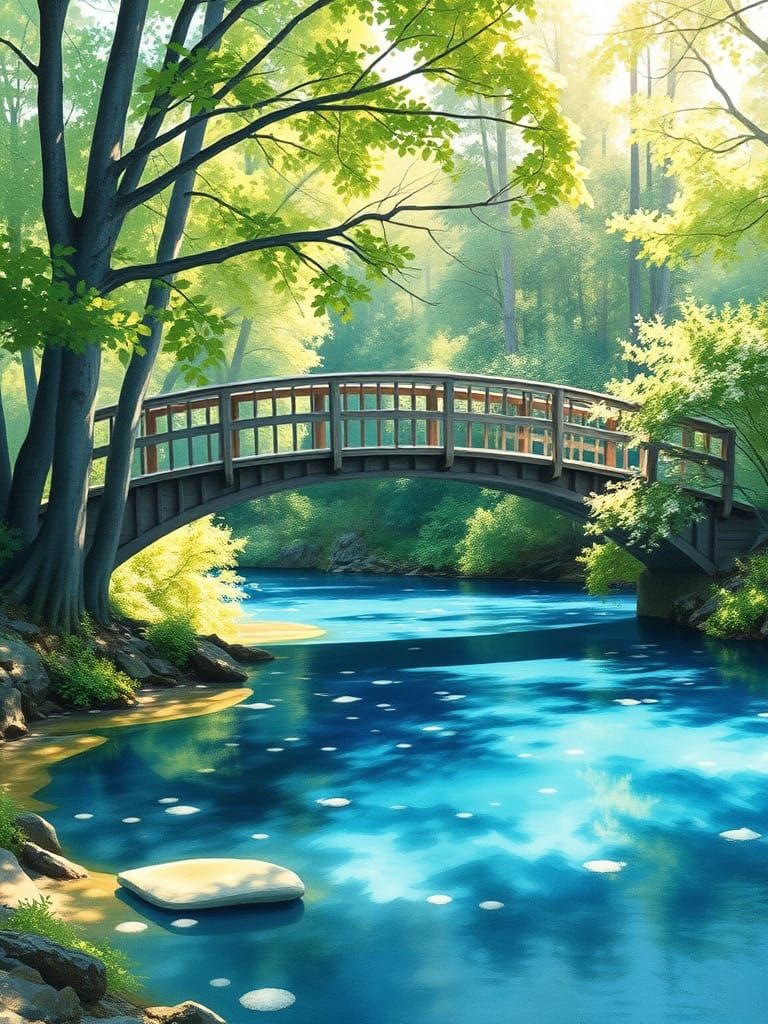 Serene Forest Glade with Lake and Bridge in Watercolor Style