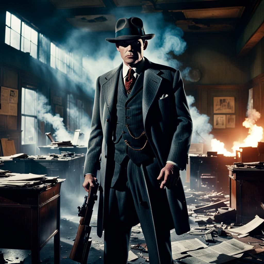Film Noir Man in Ruined Office with Rifle