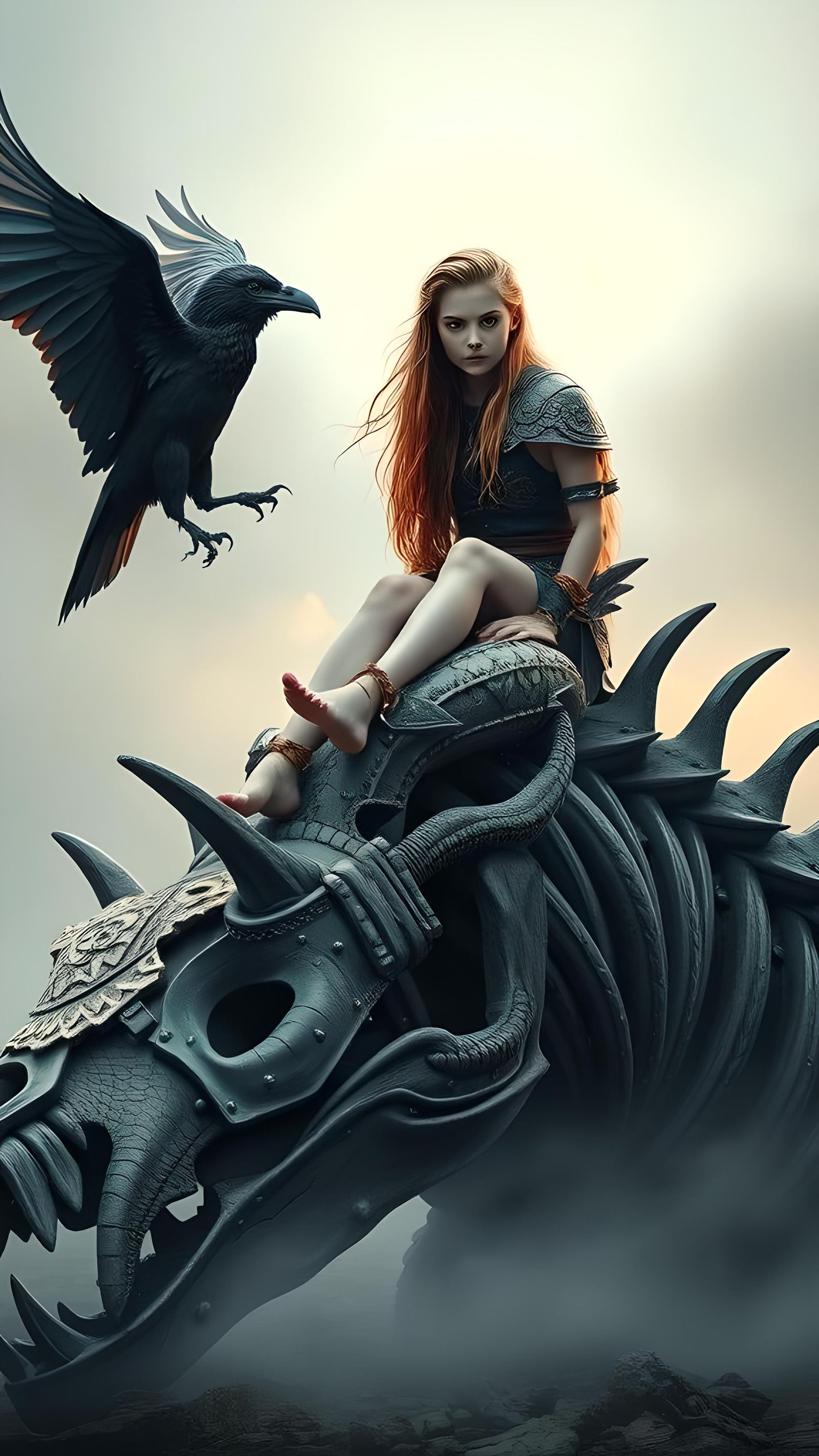 Viking Girl with Raven on Skeleton