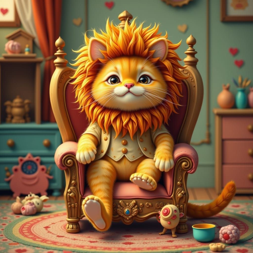 Fluffy Ginger Cat in Lion Costume on Throne