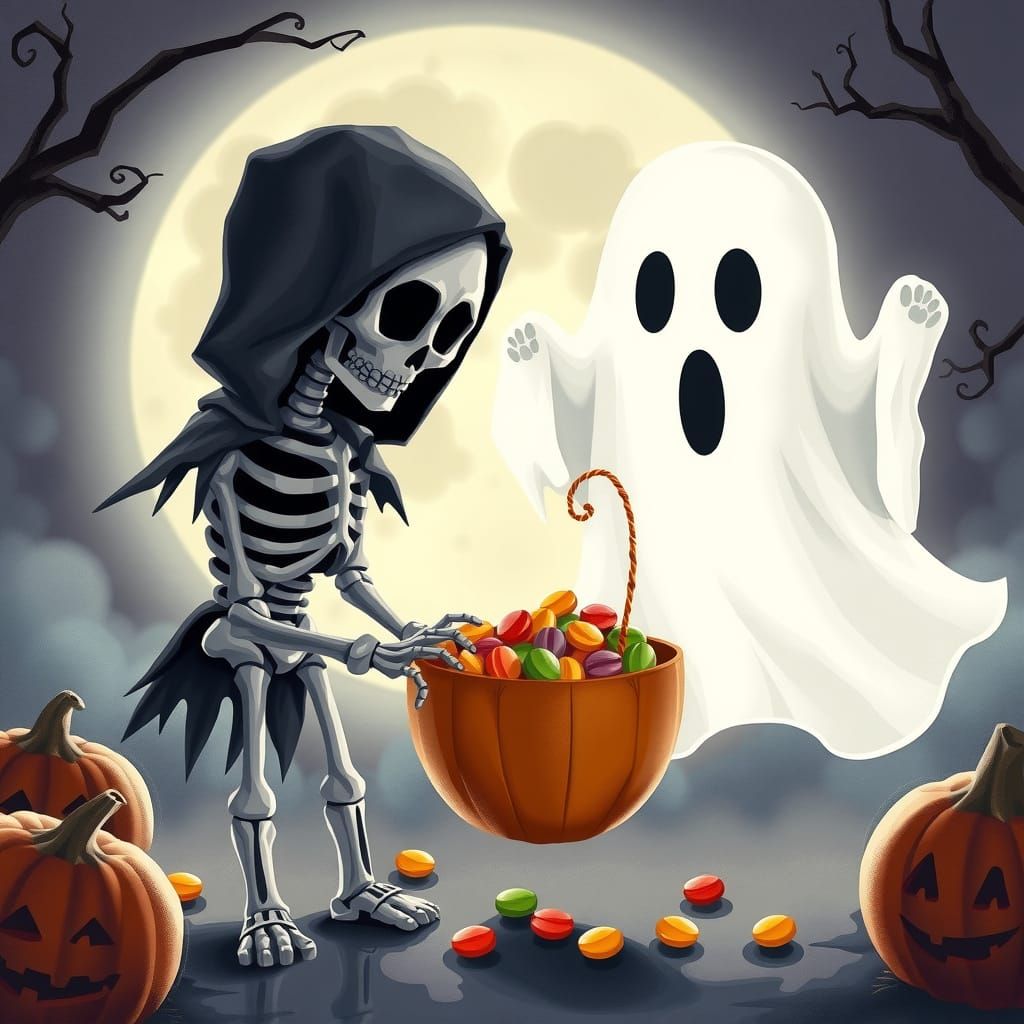 Skeleton Kids Trick-or-Treating with Cute Ghost