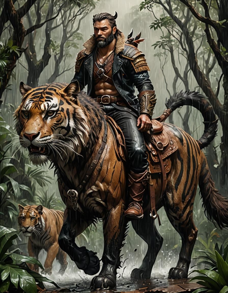 Warcat and Rider in Rain-Soaked Forest