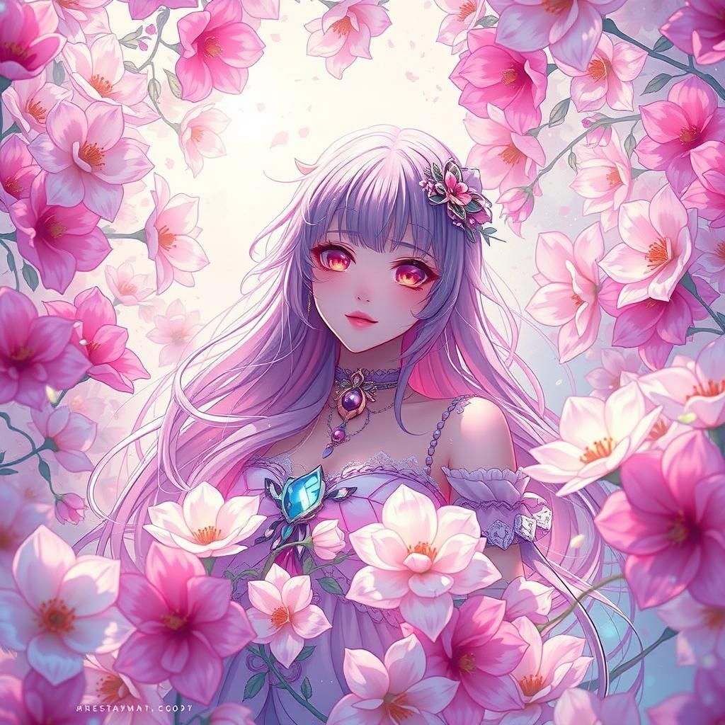 Rainbow Anime Girl Surrounded by Iridescent Flowers