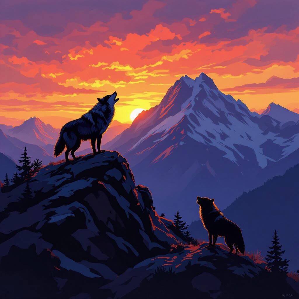 Two Wolves on Mountain Peak at Sunset