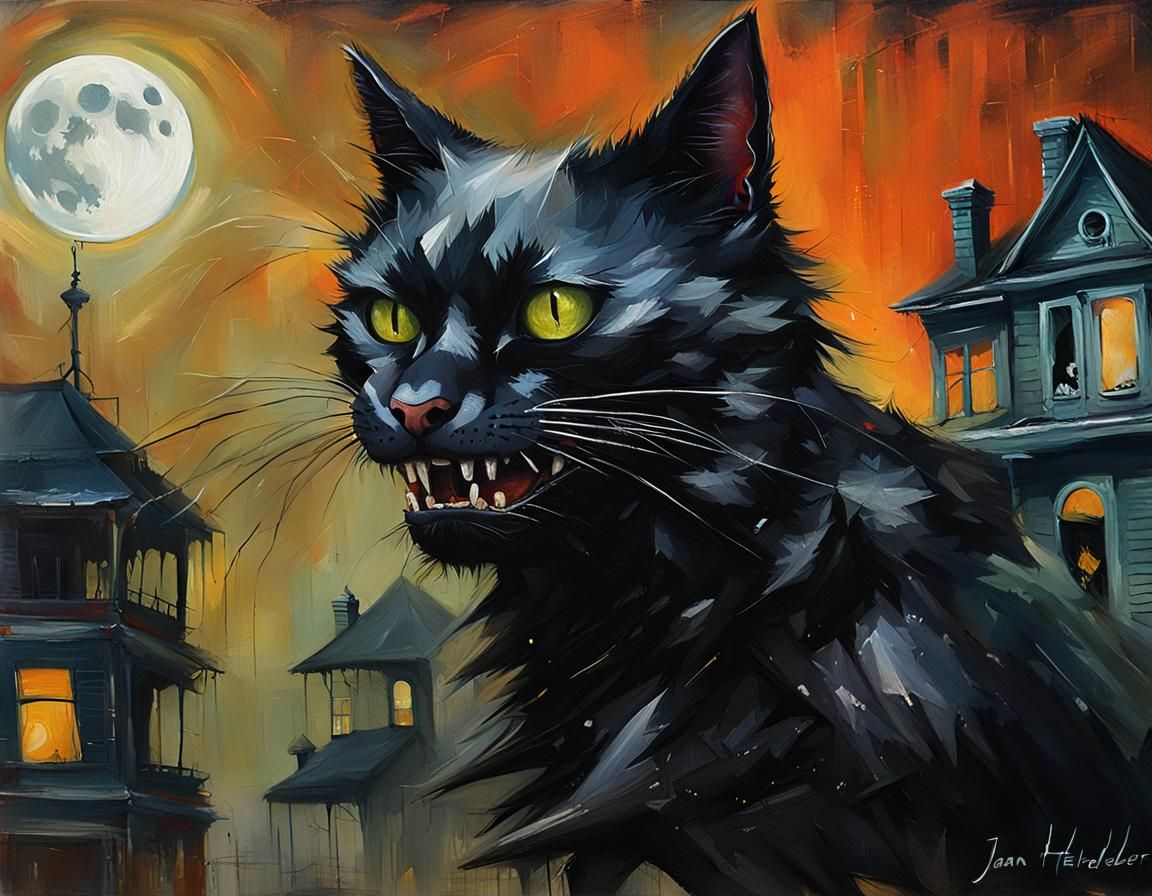 Black Cat Snarling at Moon in Oil Painting Style