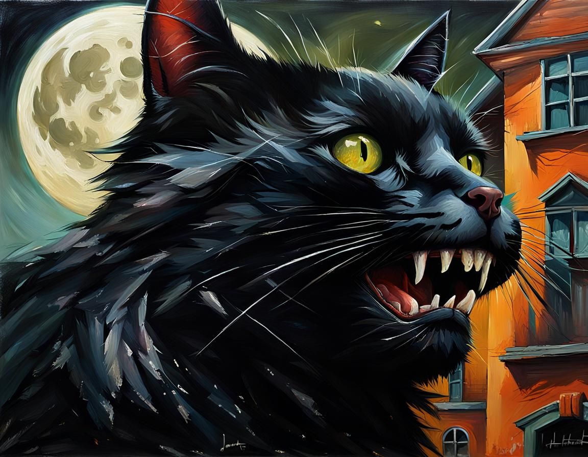 Black Cat Snarling Under Full Moon: Horror Oil Painting