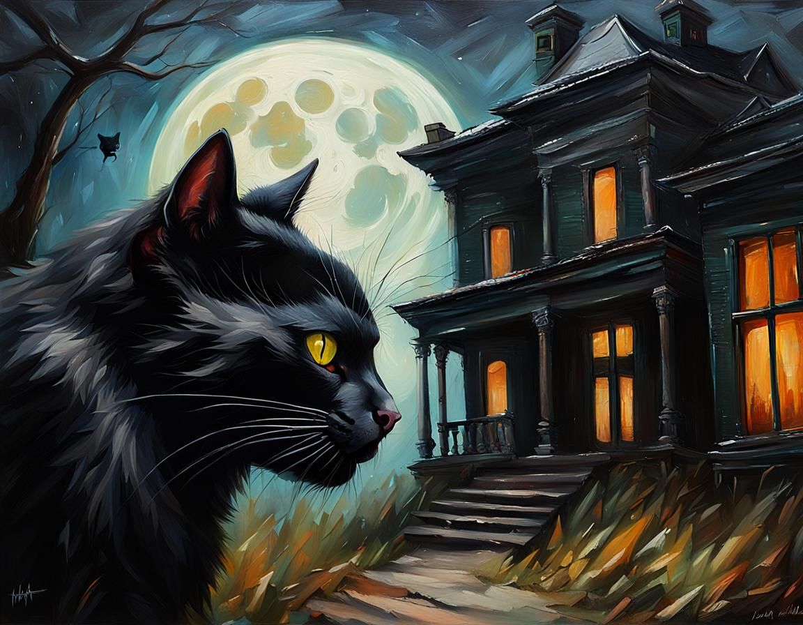 Black Cat Snarls Under Moonlit Mansion: Oil Painting