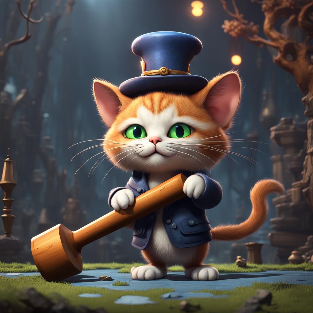 Cartoon Cat with Mallet in Detailed Matte Painting