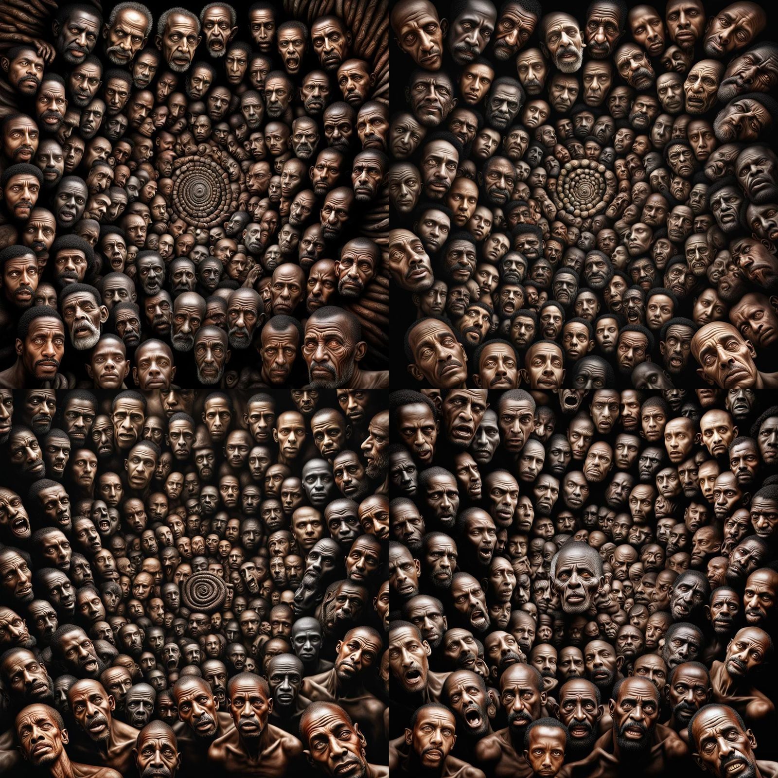 Macabre Spiral of Horrified Faces: Hyperrealistic Photograph
