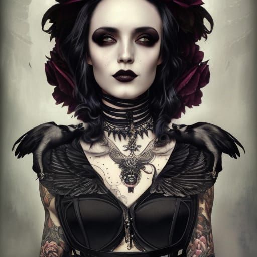 Gothic Woman Portrait with Ravens and Skulls