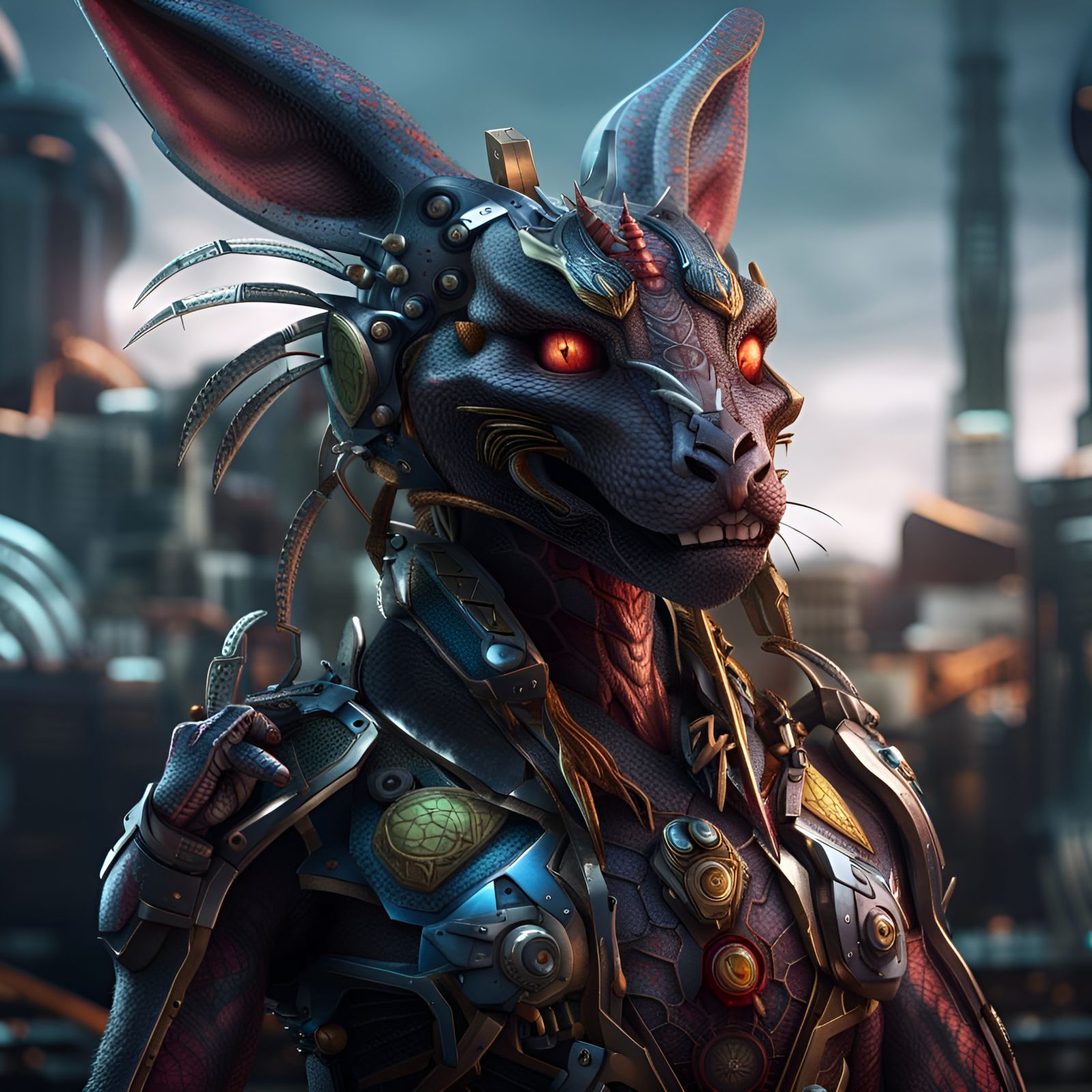 Cyberpunk Dragon Rabbit with Cybernetic Limbs