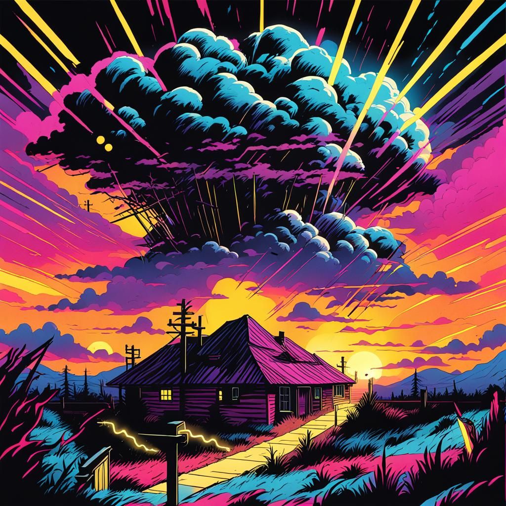 Neon Noir Comic Book Sunset with Lightning