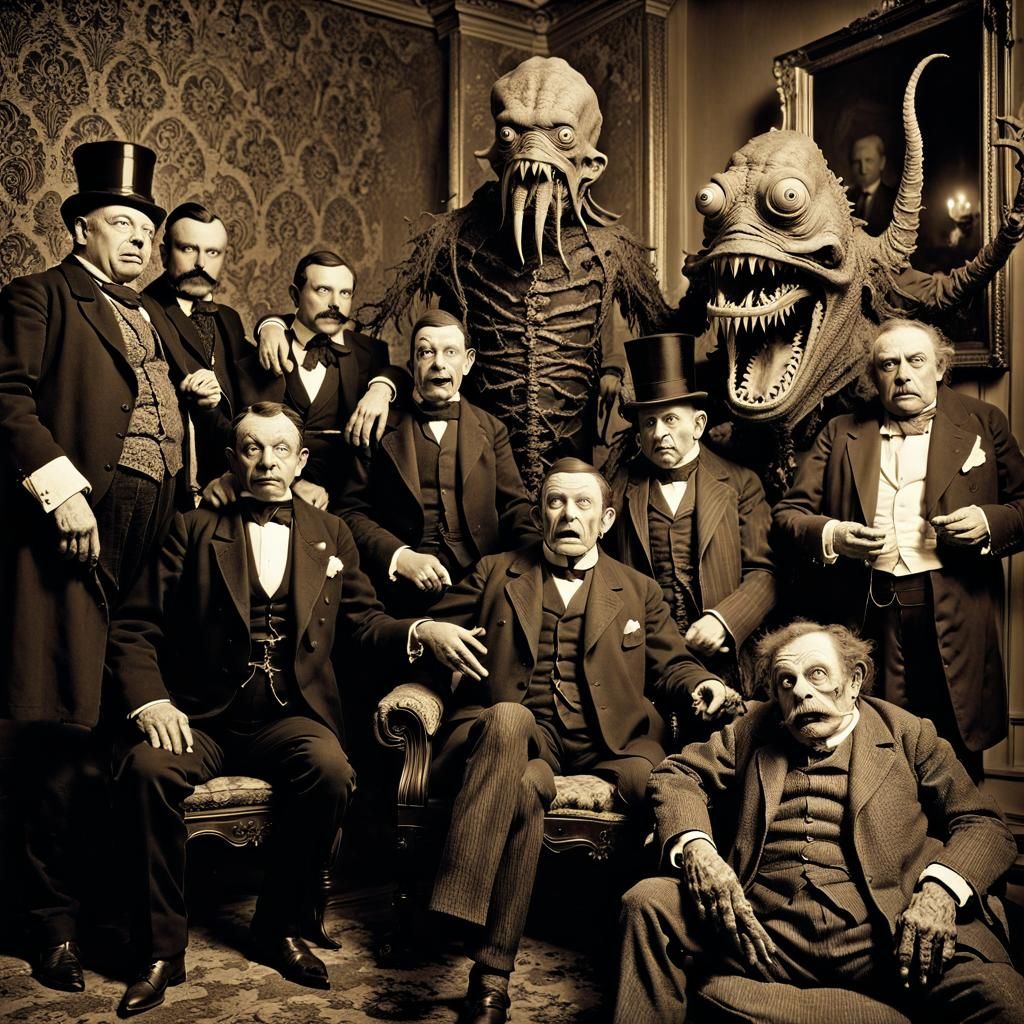 Nightmarish Monster with Victorian Gentlemen in Sepia