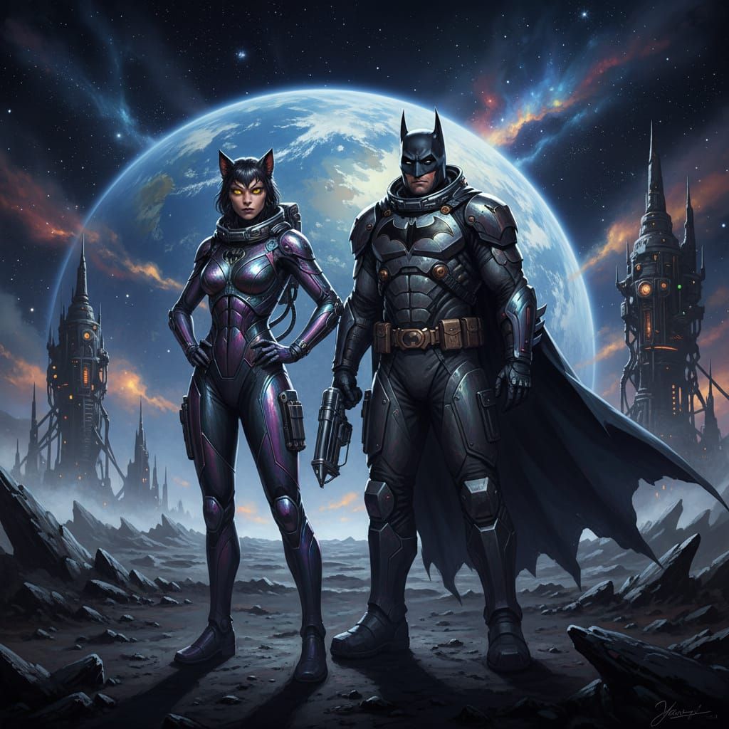 Cat-Woman and Batman Astronauts on the Moon