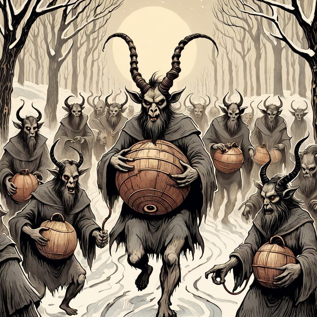 Krampus Festival in a Moody Woodcut