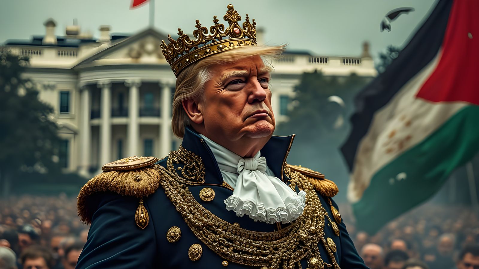 Trump as 18th-Century Monarch in Ruined White House