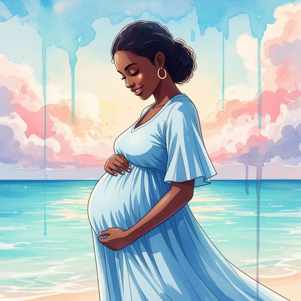 Pregnant Woman on Beach in Watercolor Animation Style