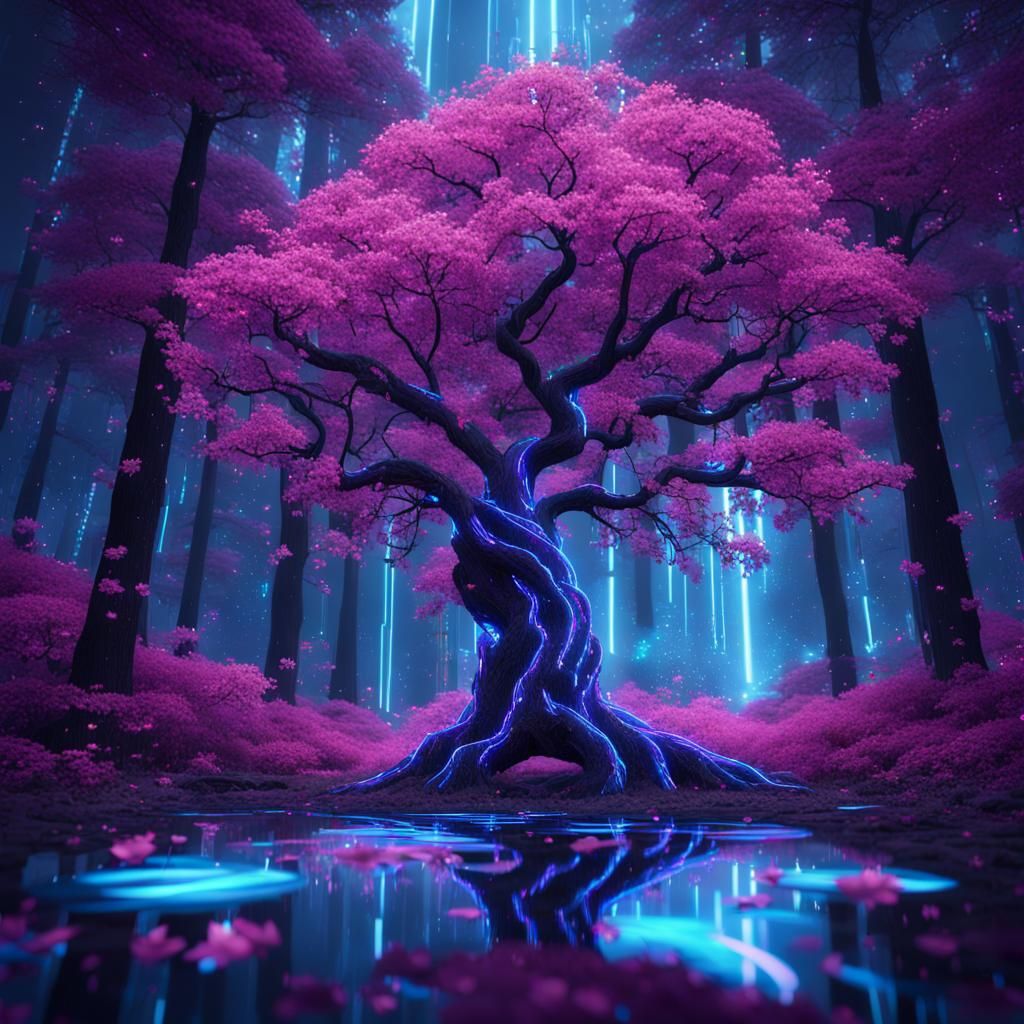 Hologram Cherry Blossom Tree in Futuristic Forest