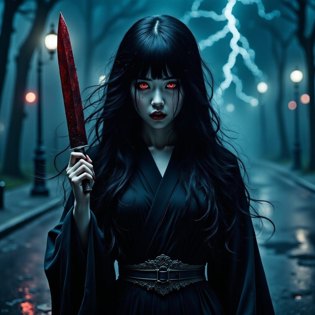 Dark Sarcipunk Anime Girl with Bloody Knife