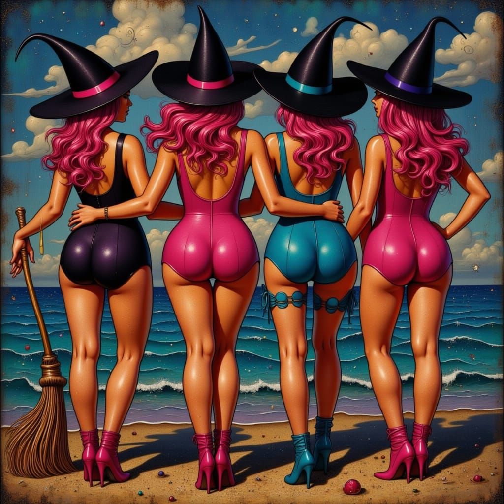 A sunny day, sunny skies, Four cute adult witches standing arm-in-arm on a sunny beach, shown from behind. Beach is sunn...